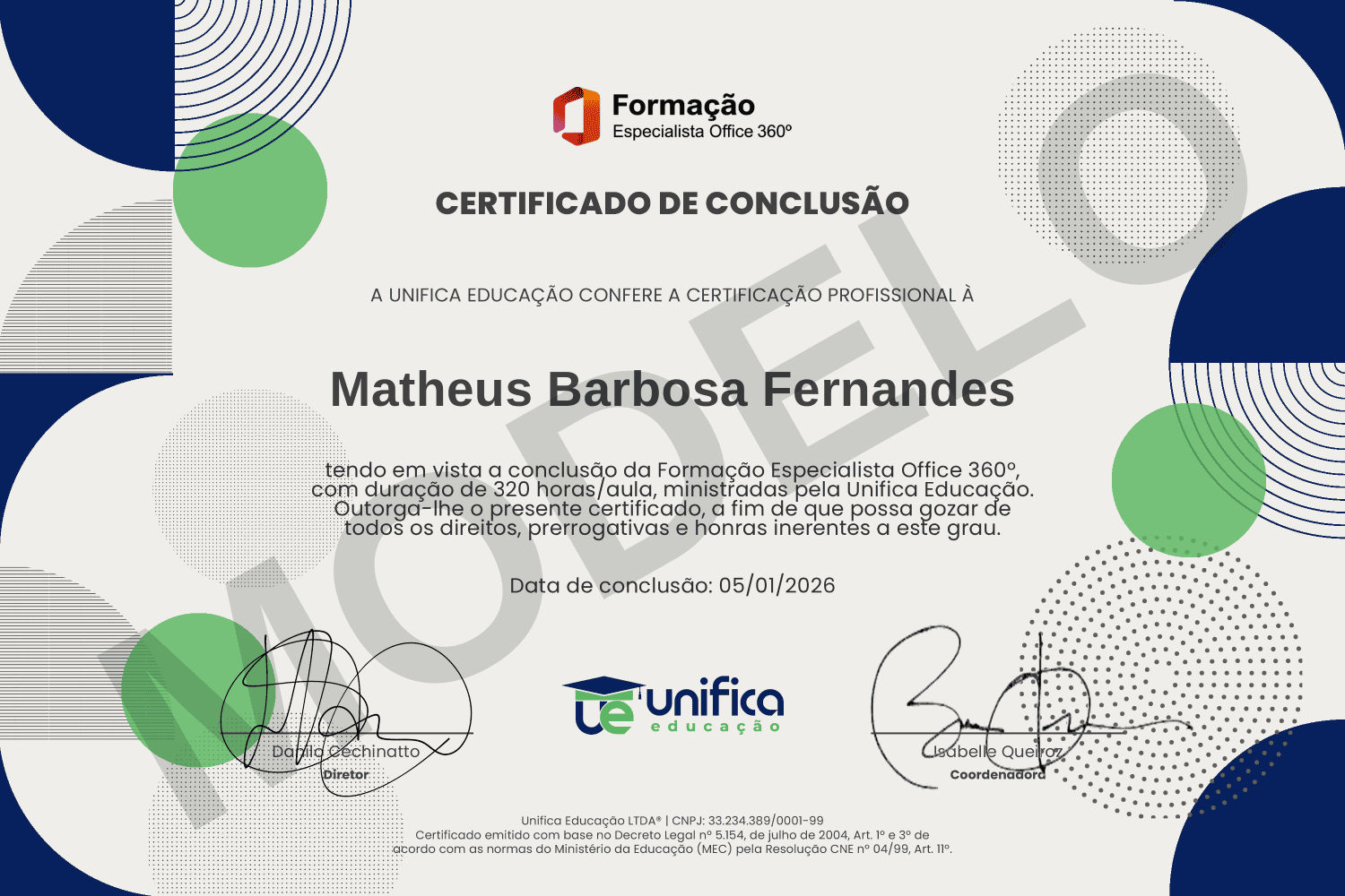 Modelo de Certificado de 320 horas do curso de Pacote Office
